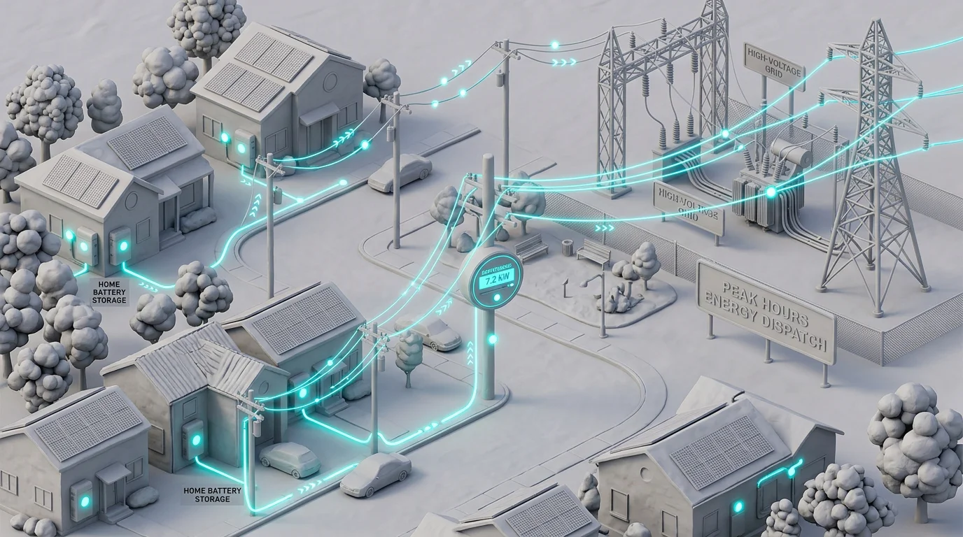 3D illustration showing home battery systems dispatching electricity back into power lines during peak hours