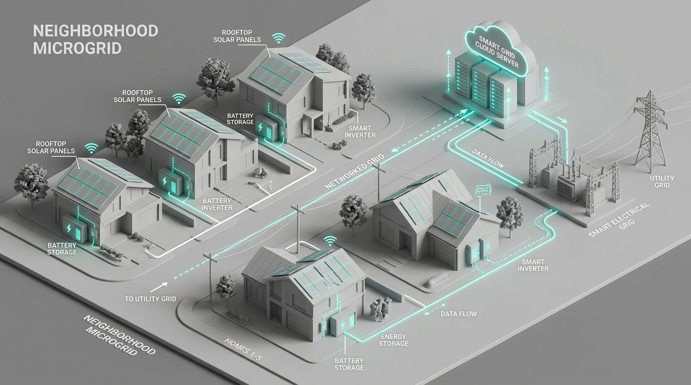Home solar panels charging residential lithium batteries connected to a smart inverter