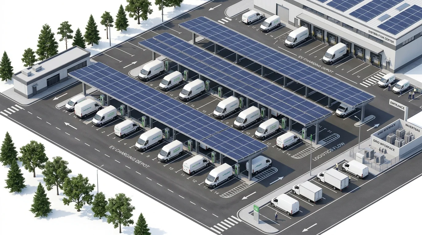 Commercial solar carport charging depot for electric delivery vans