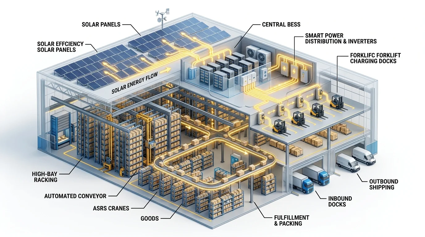 Cutaway diagram of warehouse solar energy flow
