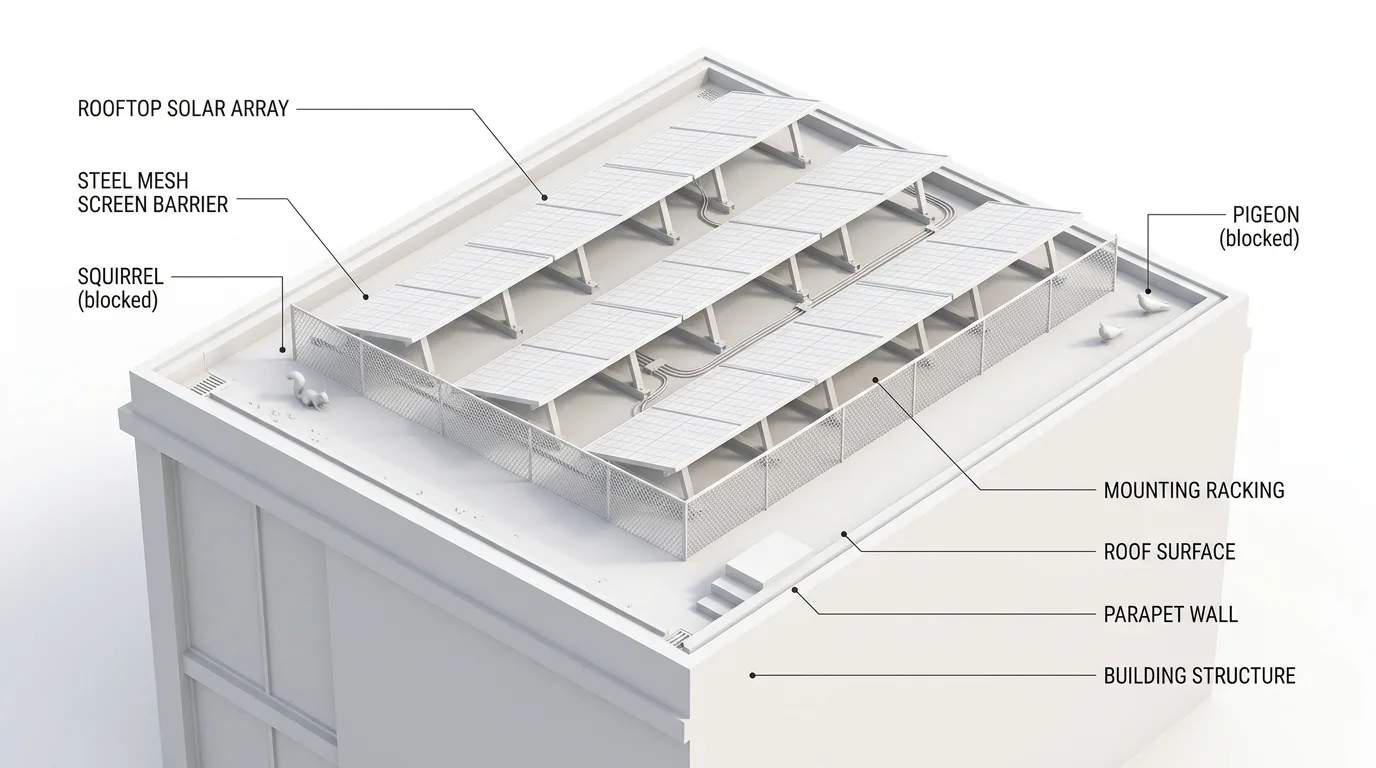 Rooftop solar array protected by a steel mesh screen barrier preventing squirrels and pigeons from entering beneath the panels
